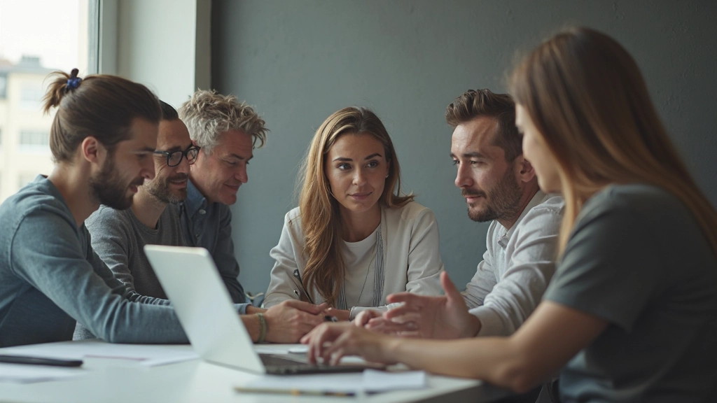 Профессиональная команда в современном офисе обсуждает гибридные модели работы