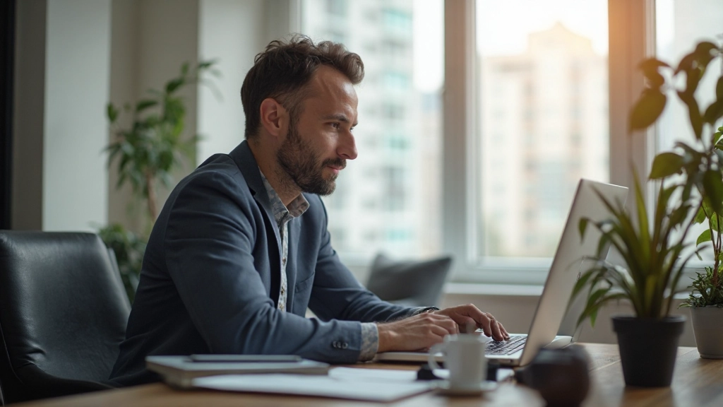 Профессионал работает из дома с видом на город из окна