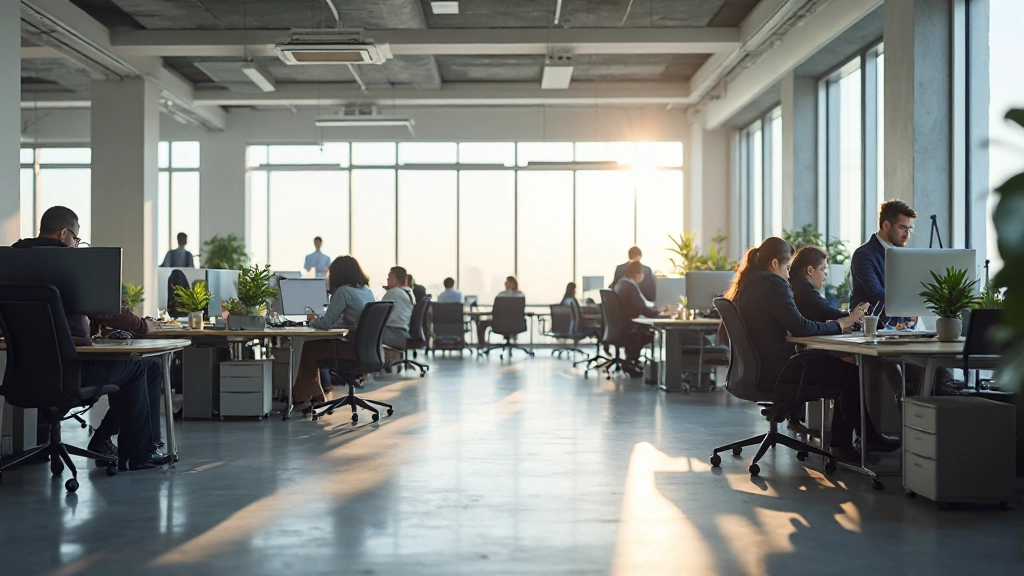 Современный офис с открытым планом и зонами для совместной работы