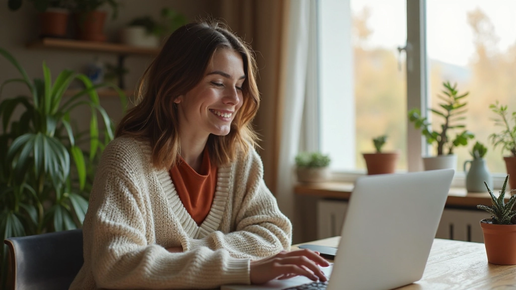Сотрудник с улыбкой работает за ноутбуком в уютном домашнем офисе с растениями и естественным освещением